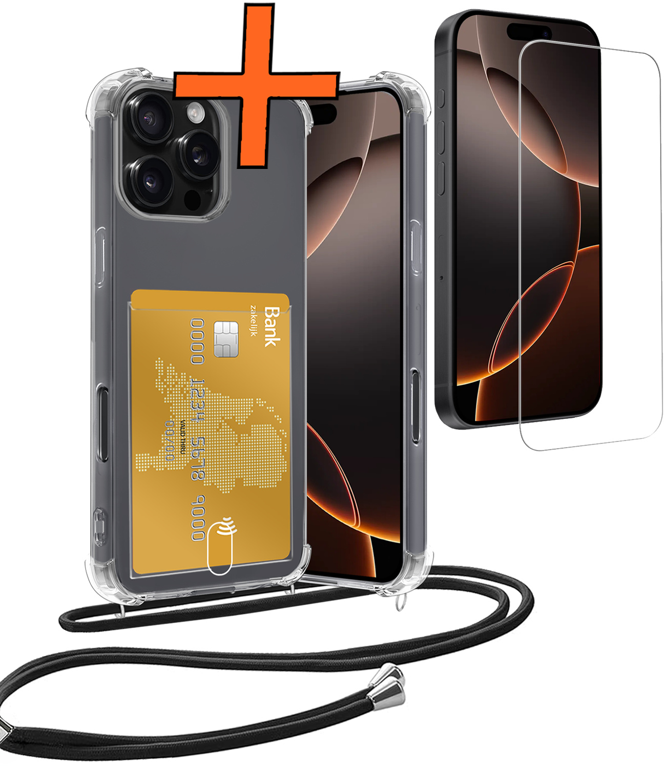 Nomfy Hoesje Geschikt voor iPhone 16 Pro Hoesje Met Telefoonketting Pasjeshouder Shockproof Case Met Screenprotector Koord - Hoesje Geschikt voor iPhone 16 Pro Hoes Met Kaarthouder - Transparant
