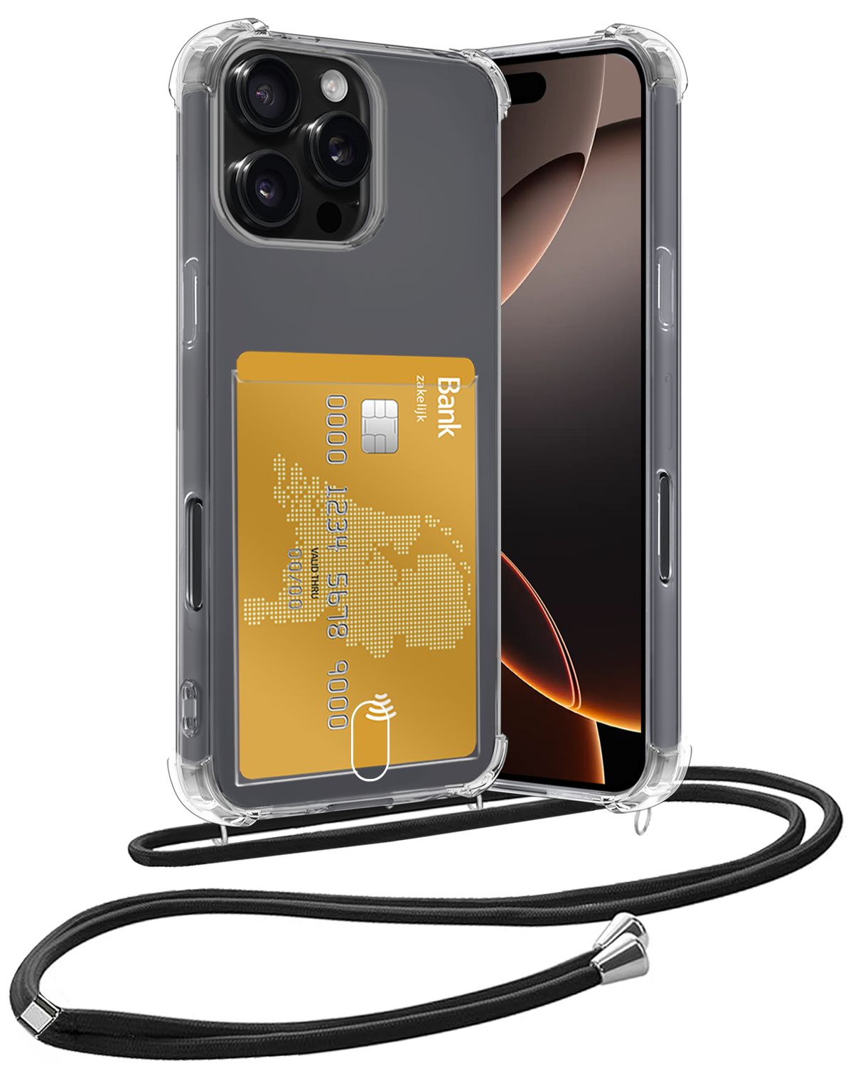 Nomfy Hoesje Geschikt voor iPhone 16 Pro Max Hoesje Met Telefoonketting Pasjeshouder Shockproof Case Koord - Hoesje Geschikt voor iPhone 16 Pro Max Hoes Met Kaarthouder - Transparant