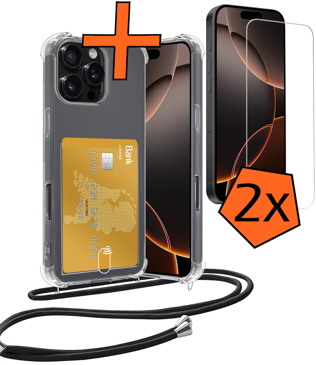 Nomfy Hoesje Geschikt voor iPhone 16 Pro Max Hoesje Met Telefoonketting Pasjeshouder Shockproof Case Met 2x Screenprotector Koord - Hoesje Geschikt voor iPhone 16 Pro Max Hoes Met Kaarthouder - Transparant