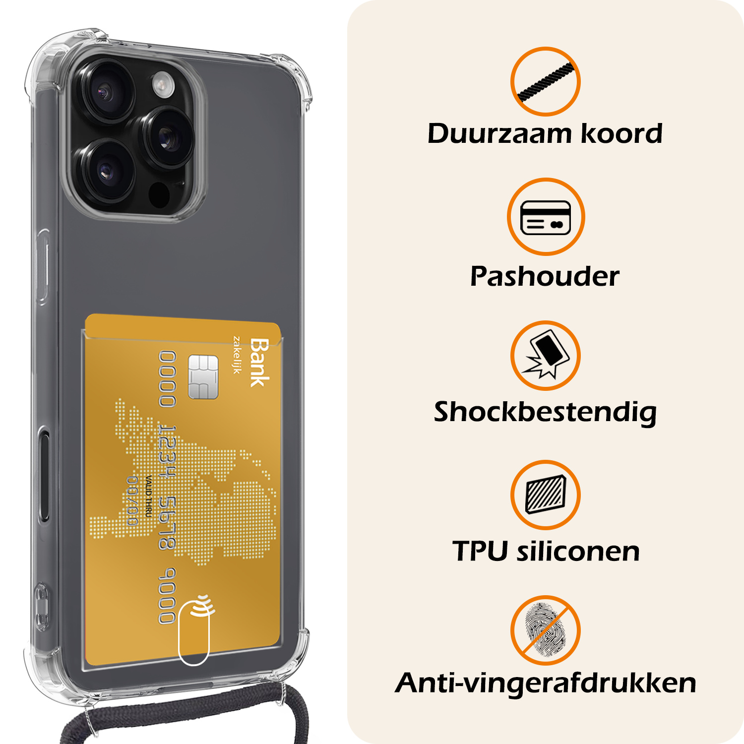 Nomfy Hoesje Geschikt voor iPhone 16 Pro Max Hoesje Met Telefoonketting Pasjeshouder Shockproof Case Met 2x Screenprotector Koord - Hoesje Geschikt voor iPhone 16 Pro Max Hoes Met Kaarthouder - Transparant