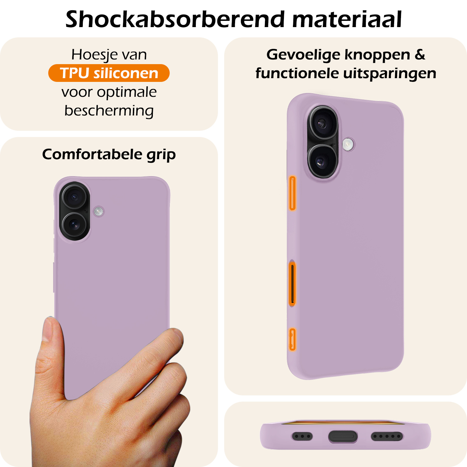 Nomfy Hoesje Geschikt voor iPhone 16 Hoesje Siliconen Cover Case Met Screenprotector - Hoes Geschikt voor iPhone 16 Hoes Back Case - Lila