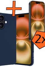 Nomfy Hoesje Geschikt voor iPhone 16 Hoesje Siliconen Cover Case Met 2x Screenprotector - Hoes Geschikt voor iPhone 16 Hoes Back Case - Donkerblauw