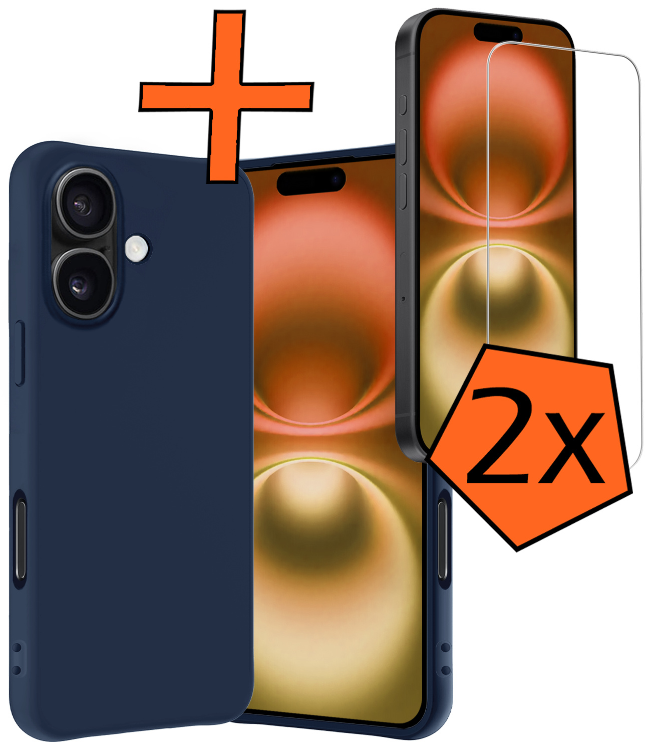 Nomfy Hoesje Geschikt voor iPhone 16 Hoesje Siliconen Cover Case Met 2x Screenprotector - Hoes Geschikt voor iPhone 16 Hoes Back Case - Donkerblauw