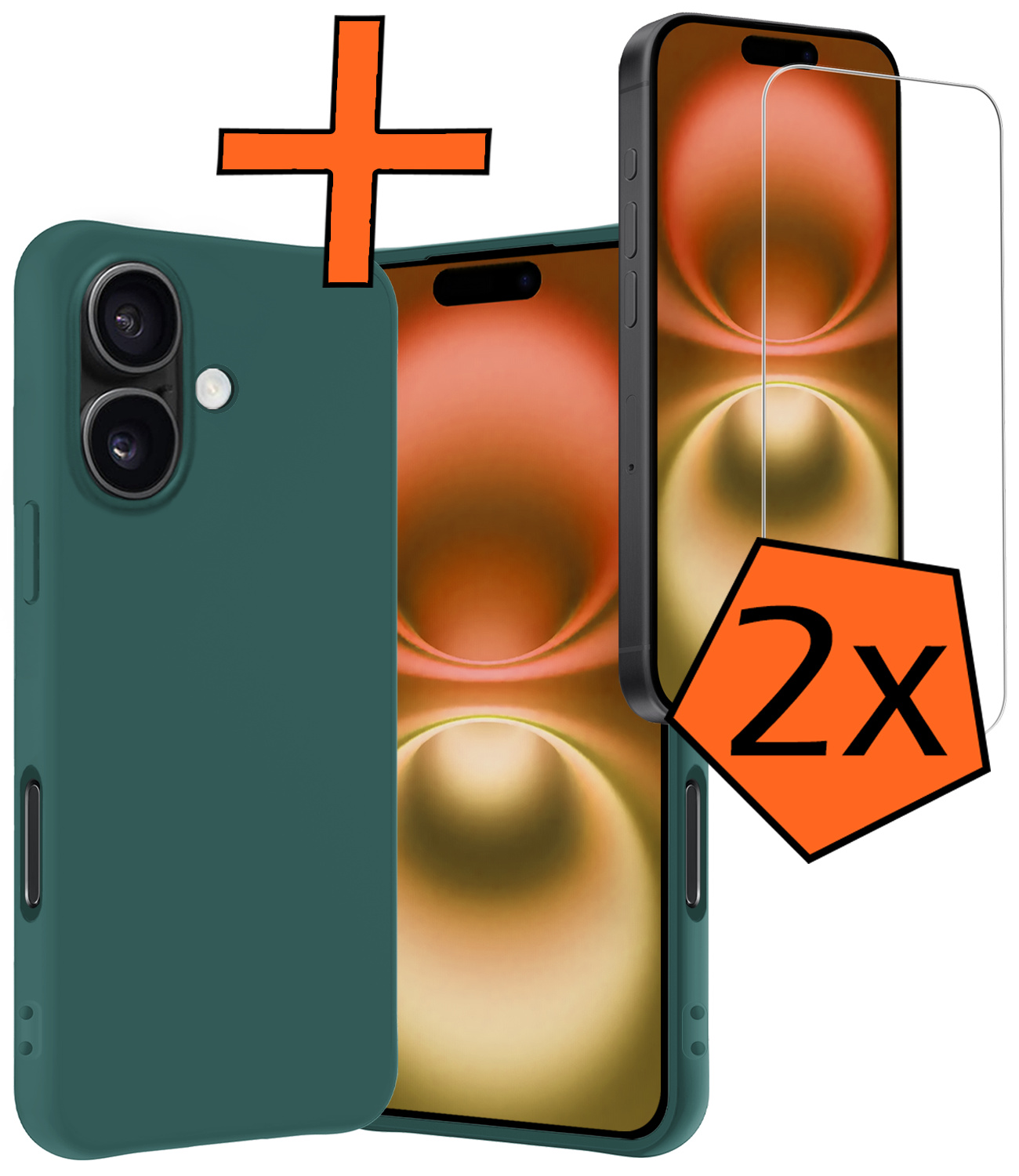 Nomfy Hoesje Geschikt voor iPhone 16 Hoesje Siliconen Cover Case Met 2x Screenprotector - Hoes Geschikt voor iPhone 16 Hoes Back Case - Donkergroen