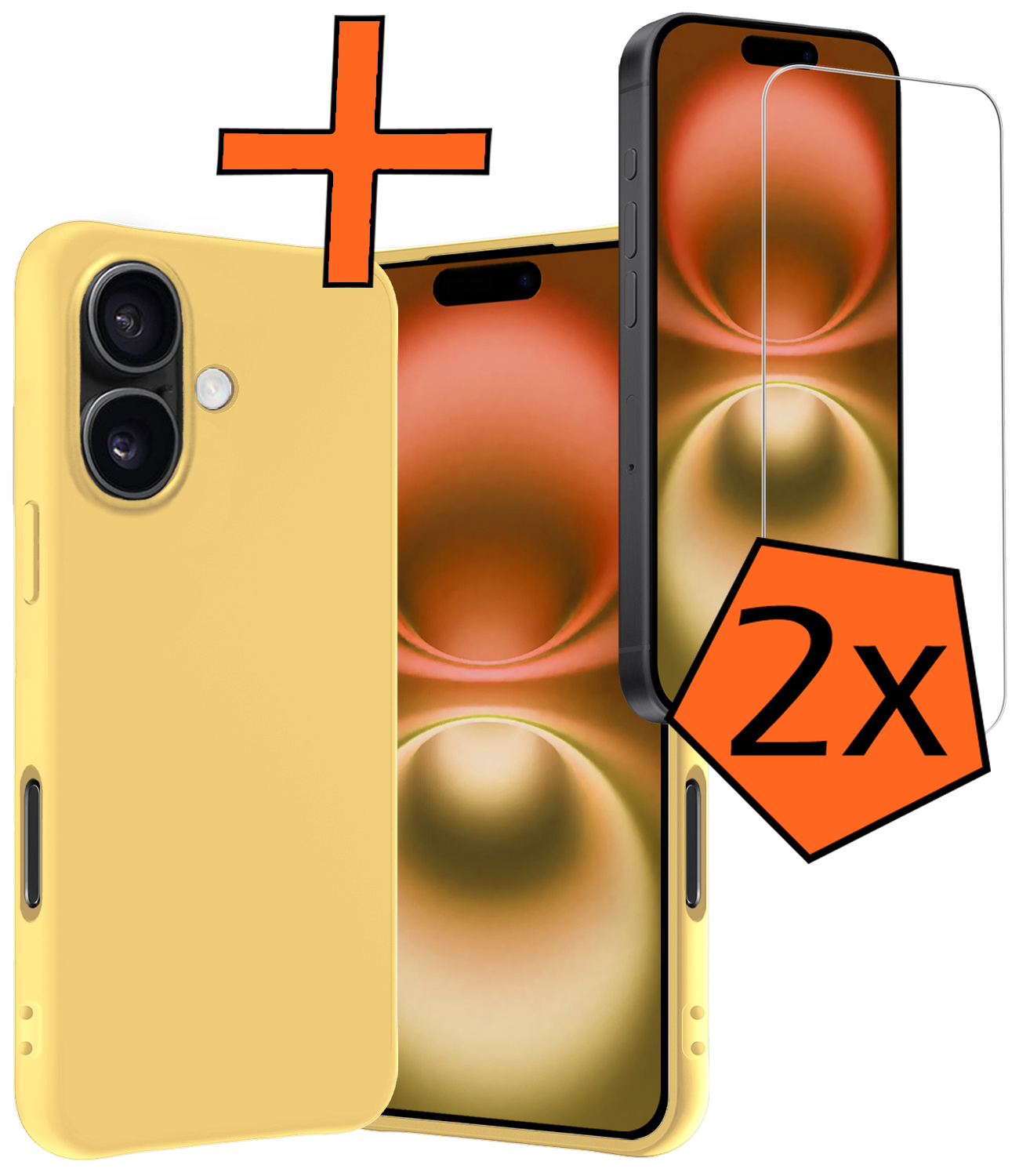 Nomfy Hoesje Geschikt voor iPhone 16 Hoesje Siliconen Cover Case Met 2x Screenprotector - Hoes Geschikt voor iPhone 16 Hoes Back Case - Geel
