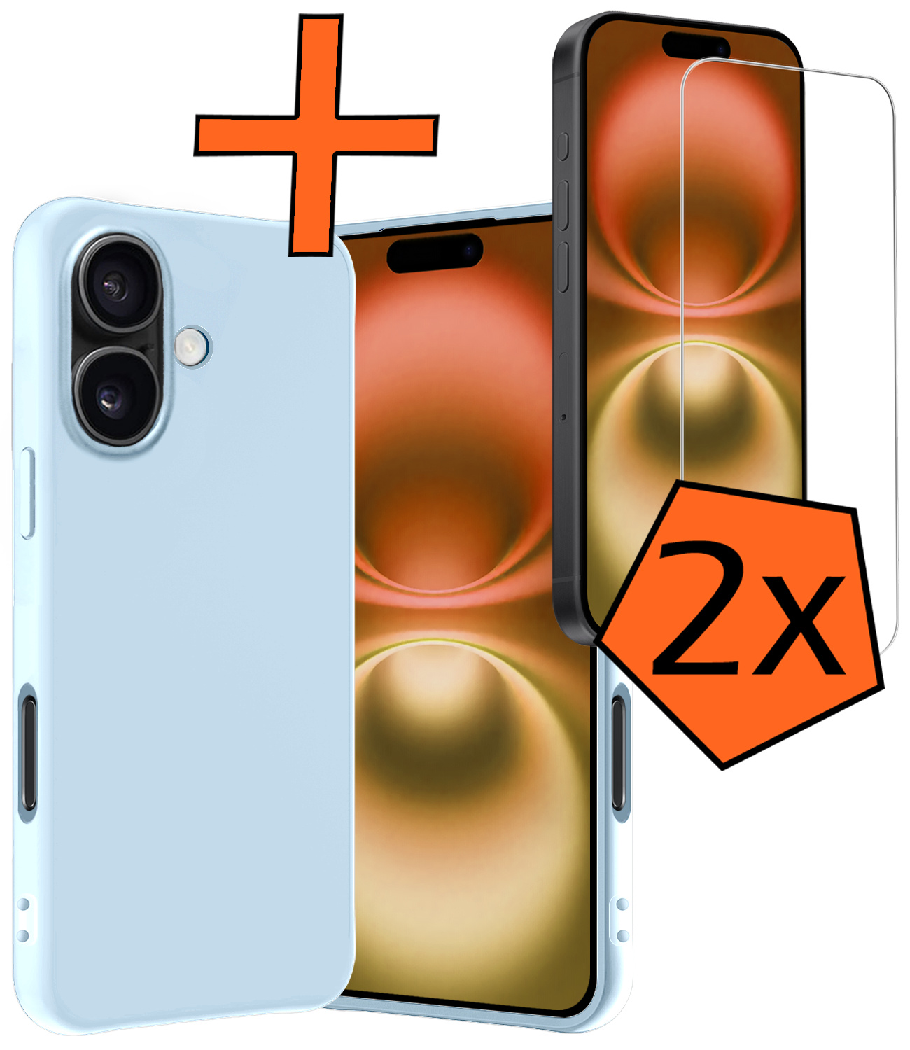 Nomfy Hoesje Geschikt voor iPhone 16 Hoesje Siliconen Cover Case Met 2x Screenprotector - Hoes Geschikt voor iPhone 16 Hoes Back Case - Lichtblauw