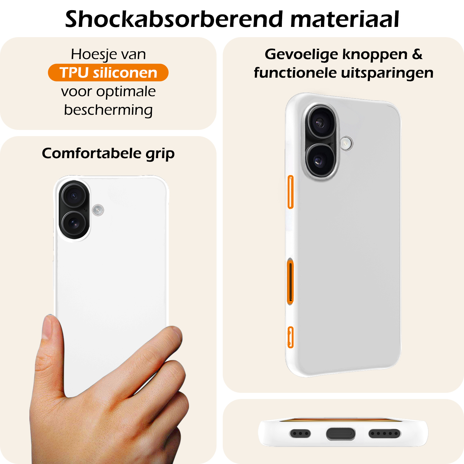 Nomfy Hoesje Geschikt voor iPhone 16 Hoesje Siliconen Cover Case Met 2x Screenprotector - Hoes Geschikt voor iPhone 16 Hoes Back Case - Wit