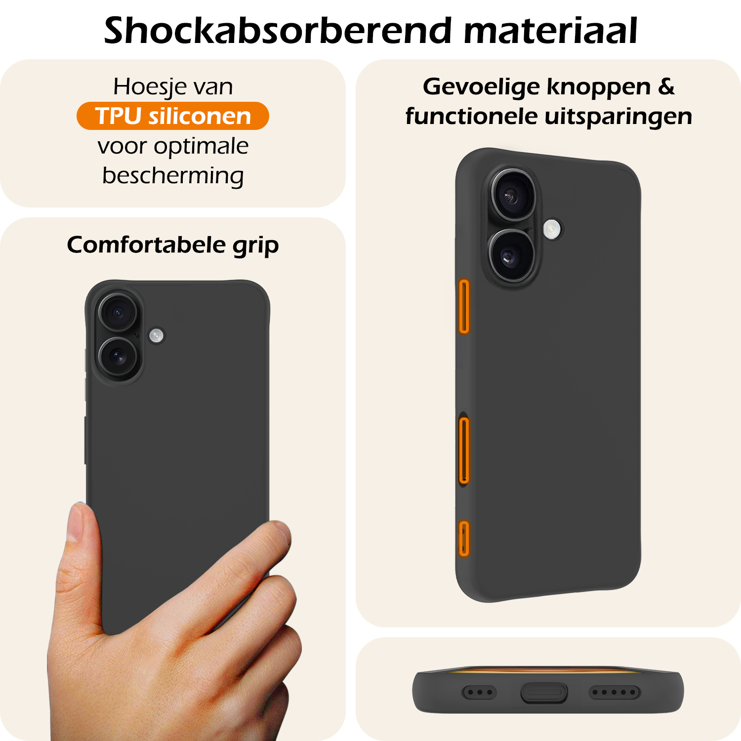 Nomfy Hoesje Geschikt voor iPhone 16 Hoesje Siliconen Cover Case Met 2x Screenprotector - Hoes Geschikt voor iPhone 16 Hoes Back Case - Zwart