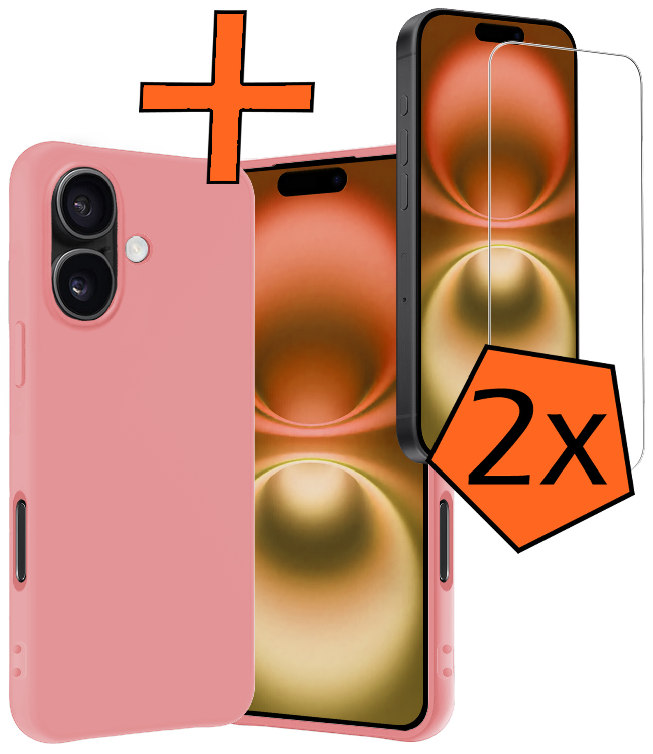 Nomfy Hoesje Geschikt voor iPhone 16 Plus Hoesje Siliconen Cover Case Met 2x Screenprotector - Hoes Geschikt voor iPhone 16 Plus Hoes Back Case - Lichtroze