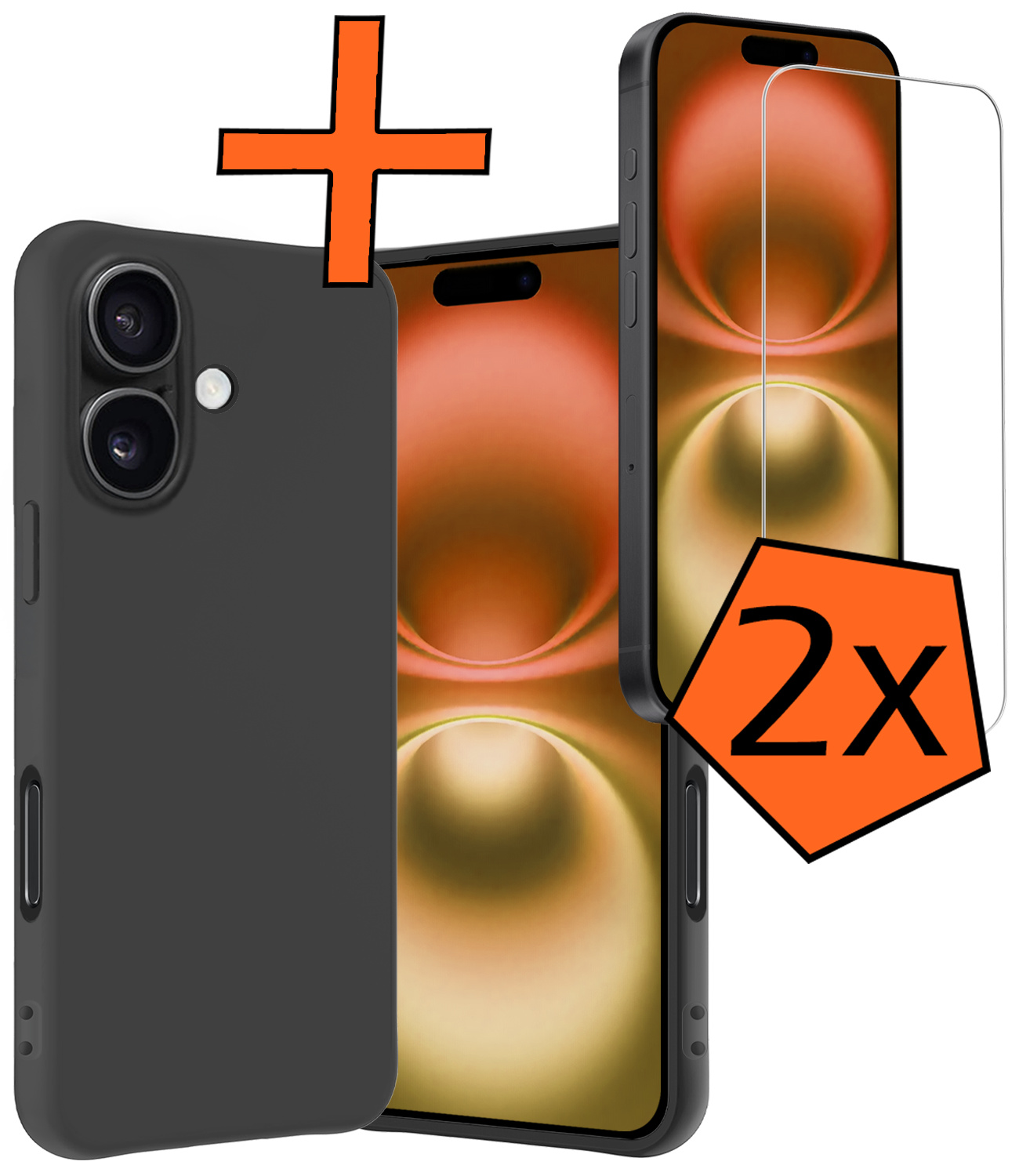 Nomfy Hoesje Geschikt voor iPhone 16 Plus Hoesje Siliconen Cover Case Met 2x Screenprotector - Hoes Geschikt voor iPhone 16 Plus Hoes Back Case - Zwart