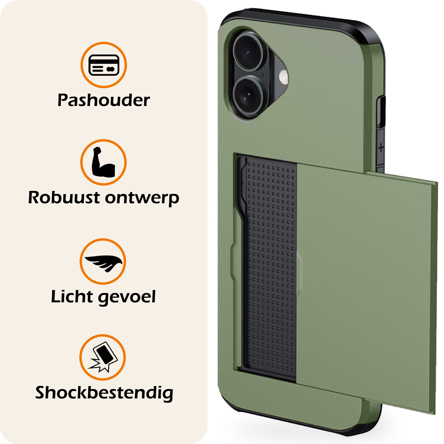 Nomfy Hoesje Geschikt voor iPhone 16 Hoesje Pasjeshouder Shockproof Hard Case - Hoesje Geschikt voor iPhone 16 Hoes Met Kaarthouder - Donkergroen