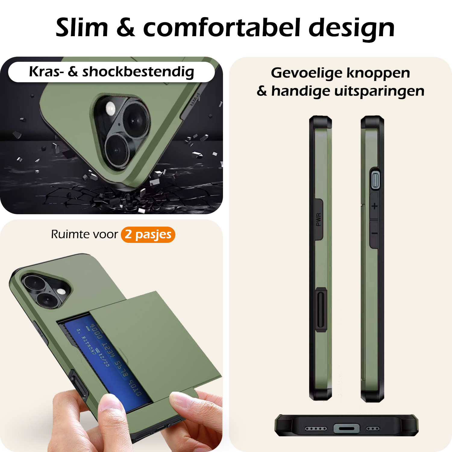 Nomfy Hoesje Geschikt voor iPhone 16 Hoesje Pasjeshouder Shockproof Hard Case - Hoesje Geschikt voor iPhone 16 Hoes Met Kaarthouder - Donkergroen