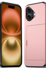 Nomfy Hoesje Geschikt voor iPhone 16 Hoesje Pasjeshouder Shockproof Hard Case - Hoesje Geschikt voor iPhone 16 Hoes Met Kaarthouder - Rosé goud