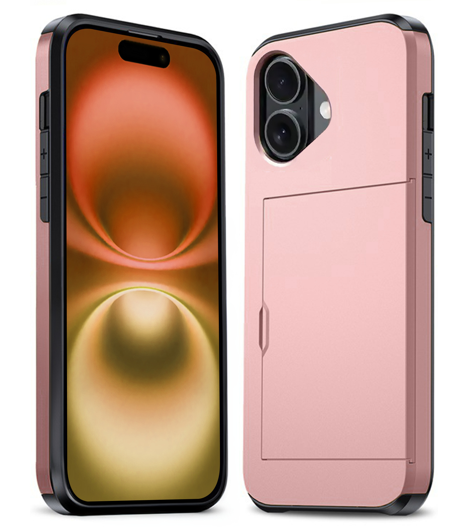 Nomfy Hoesje Geschikt voor iPhone 16 Hoesje Pasjeshouder Shockproof Hard Case - Hoesje Geschikt voor iPhone 16 Hoes Met Kaarthouder - Rosé goud
