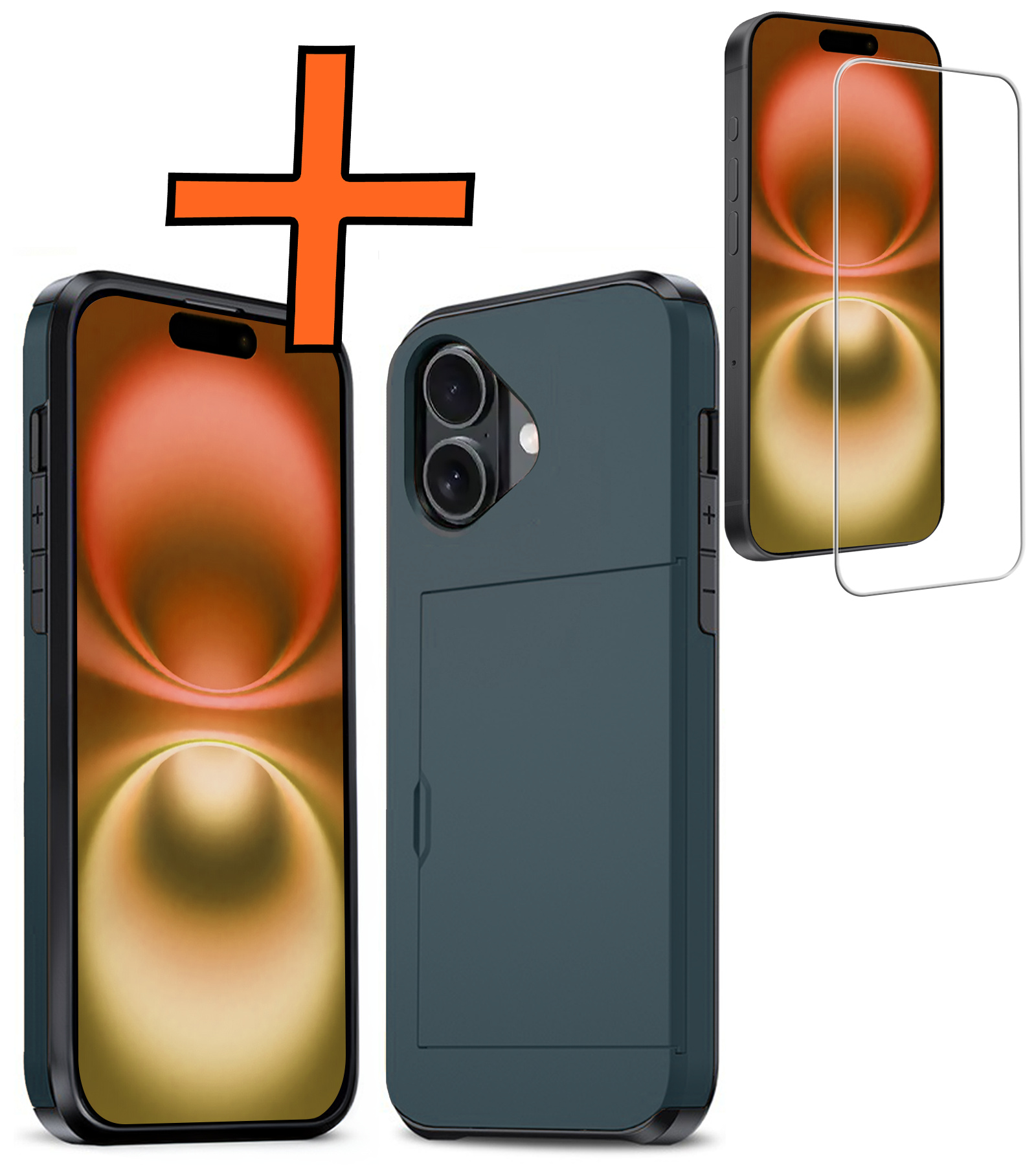 Nomfy Hoesje Geschikt voor iPhone 16 Hoesje Pasjeshouder Shockproof Hard Case Met Screenprotector - Hoesje Geschikt voor iPhone 16 Hoes Met Kaarthouder - Donkerblauw