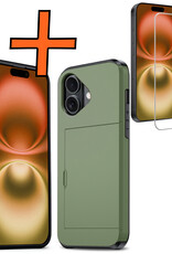 Nomfy Hoesje Geschikt voor iPhone 16 Hoesje Pasjeshouder Shockproof Hard Case Met Screenprotector - Hoesje Geschikt voor iPhone 16 Hoes Met Kaarthouder - Donkergroen