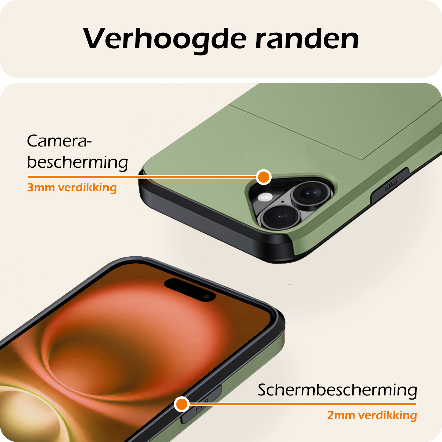 Nomfy Hoesje Geschikt voor iPhone 16 Hoesje Pasjeshouder Shockproof Hard Case Met Screenprotector - Hoesje Geschikt voor iPhone 16 Hoes Met Kaarthouder - Donkergroen