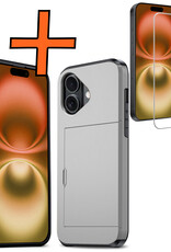 Nomfy Hoesje Geschikt voor iPhone 16 Hoesje Pasjeshouder Shockproof Hard Case Met Screenprotector - Hoesje Geschikt voor iPhone 16 Hoes Met Kaarthouder - Grijs