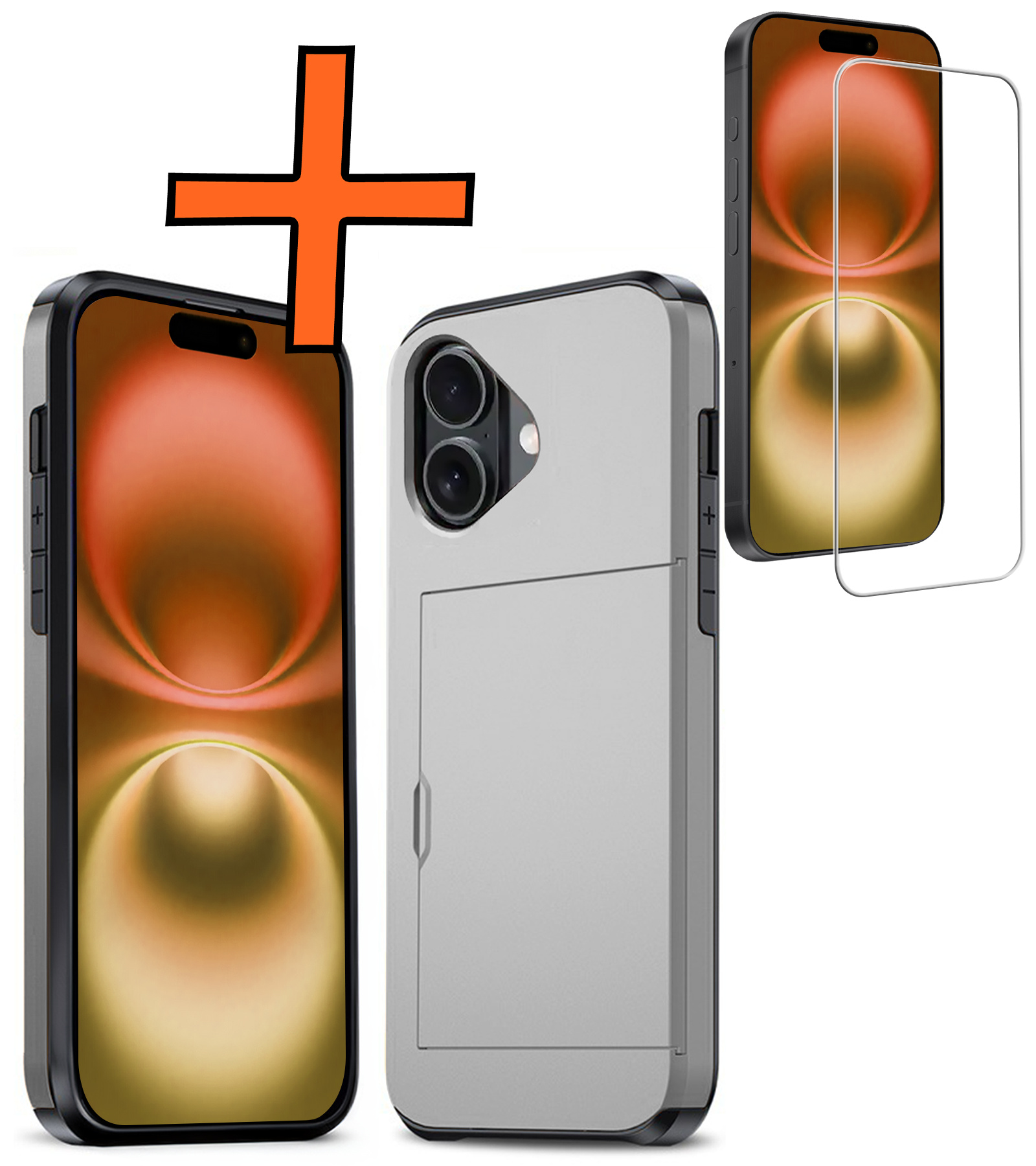 Nomfy Hoesje Geschikt voor iPhone 16 Hoesje Pasjeshouder Shockproof Hard Case Met Screenprotector - Hoesje Geschikt voor iPhone 16 Hoes Met Kaarthouder - Grijs