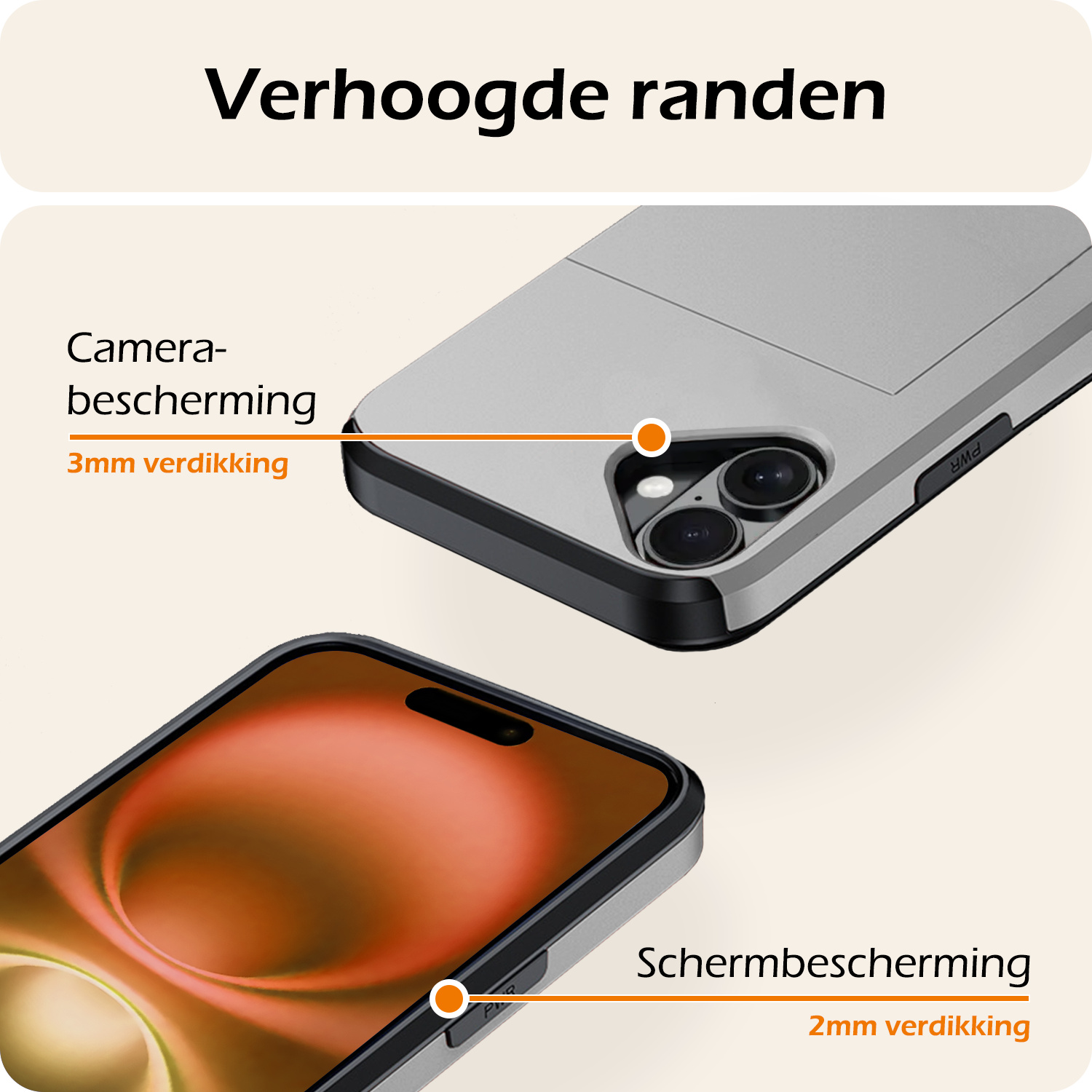 Nomfy Hoesje Geschikt voor iPhone 16 Hoesje Pasjeshouder Shockproof Hard Case Met Screenprotector - Hoesje Geschikt voor iPhone 16 Hoes Met Kaarthouder - Grijs
