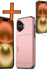 Nomfy Hoesje Geschikt voor iPhone 16 Hoesje Pasjeshouder Shockproof Hard Case Met Screenprotector - Hoesje Geschikt voor iPhone 16 Hoes Met Kaarthouder - Rosé goud