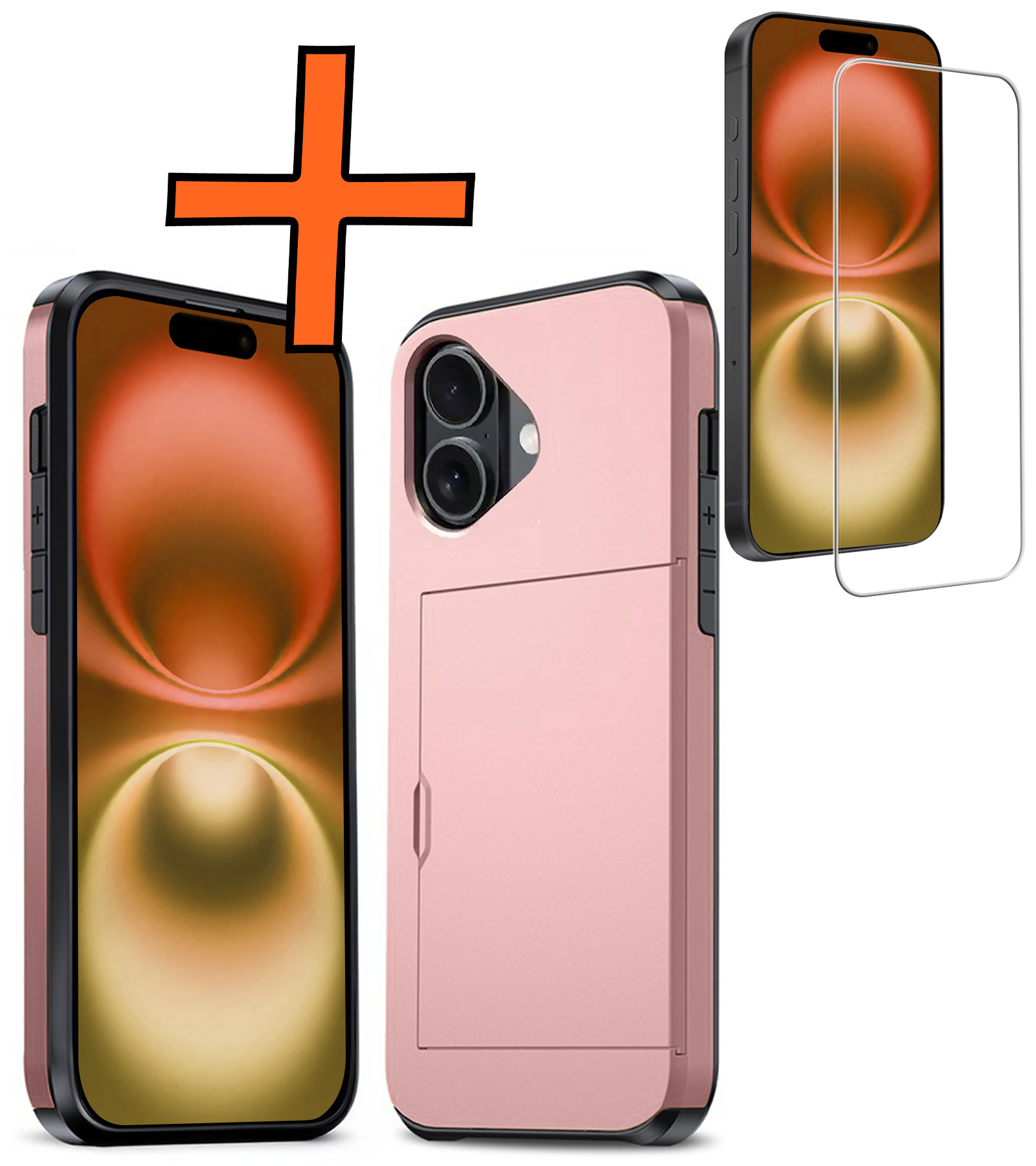 Nomfy Hoesje Geschikt voor iPhone 16 Hoesje Pasjeshouder Shockproof Hard Case Met Screenprotector - Hoesje Geschikt voor iPhone 16 Hoes Met Kaarthouder - Rosé goud