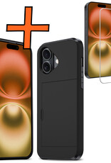 Nomfy Hoesje Geschikt voor iPhone 16 Hoesje Pasjeshouder Shockproof Hard Case Met Screenprotector - Hoesje Geschikt voor iPhone 16 Hoes Met Kaarthouder - Zwart