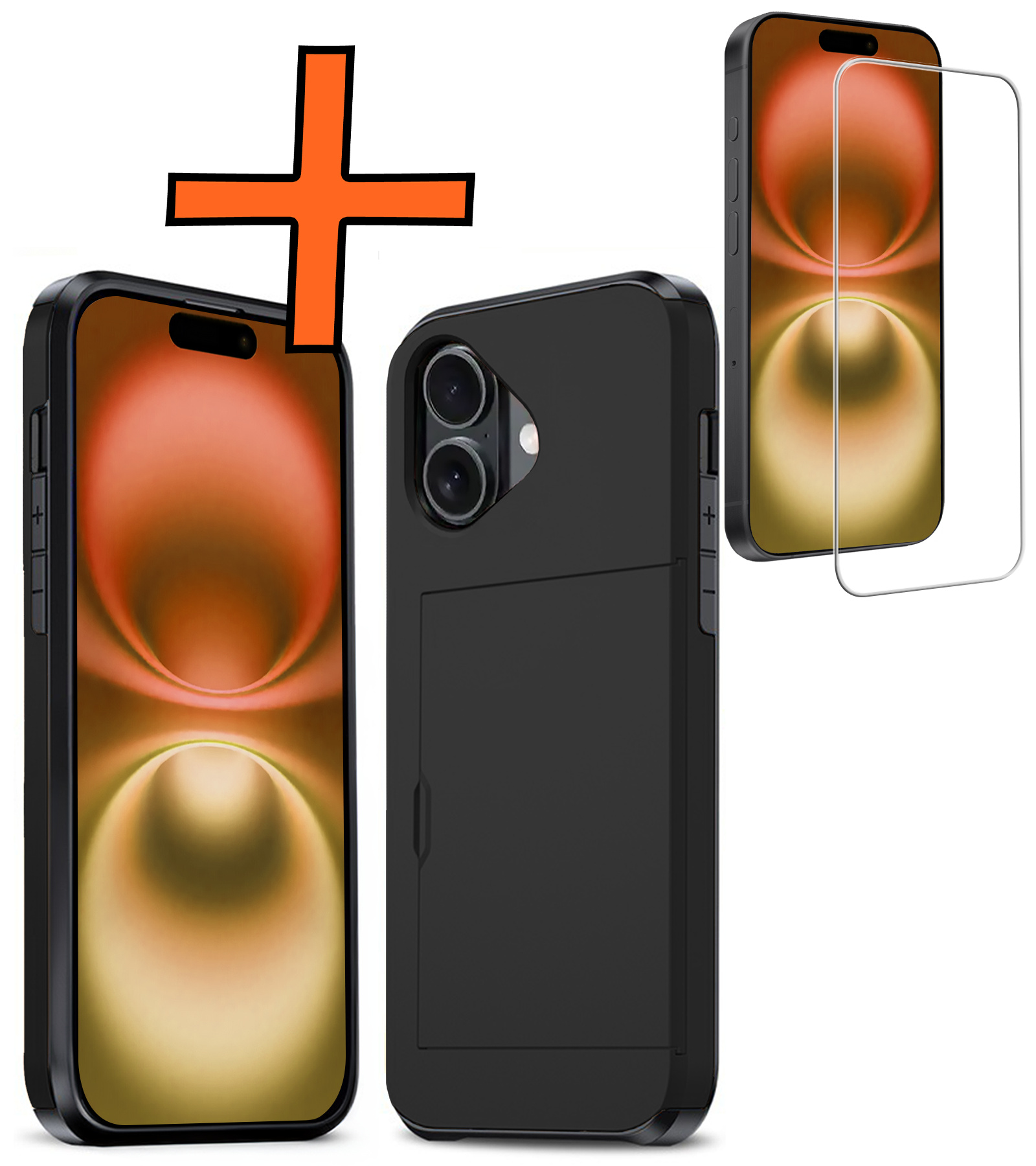 Nomfy Hoesje Geschikt voor iPhone 16 Hoesje Pasjeshouder Shockproof Hard Case Met Screenprotector - Hoesje Geschikt voor iPhone 16 Hoes Met Kaarthouder - Zwart