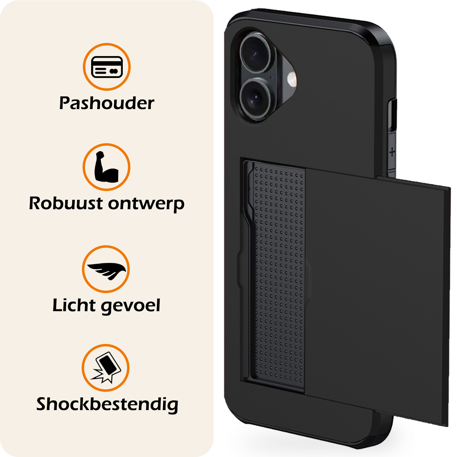 Nomfy Hoesje Geschikt voor iPhone 16 Hoesje Pasjeshouder Shockproof Hard Case Met Screenprotector - Hoesje Geschikt voor iPhone 16 Hoes Met Kaarthouder - Zwart