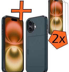 Nomfy Nomfy iPhone 16 Hoesje Pashouder Hard Met 2x Screenprotector - Donker Blauw