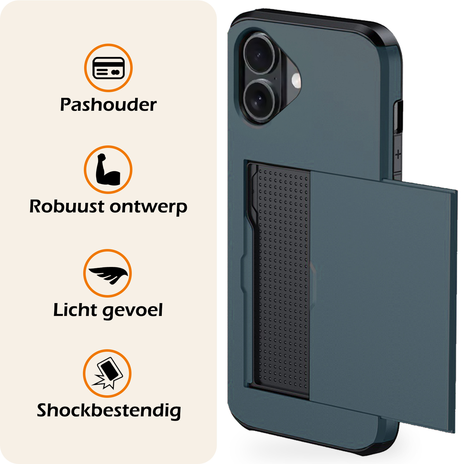 Nomfy Hoesje Geschikt voor iPhone 16 Hoesje Pasjeshouder Shockproof Hard Case Met 2x Screenprotector - Hoesje Geschikt voor iPhone 16 Hoes Met Kaarthouder - Donkerblauw