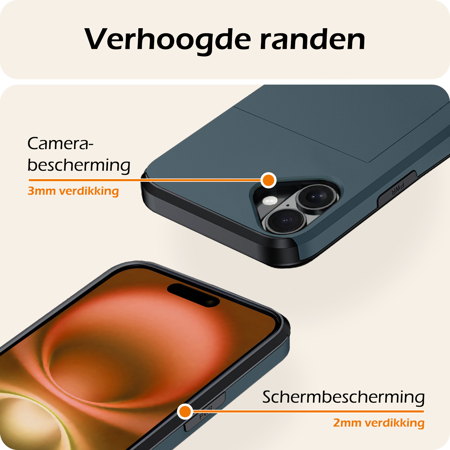 Nomfy Hoesje Geschikt voor iPhone 16 Hoesje Pasjeshouder Shockproof Hard Case Met 2x Screenprotector - Hoesje Geschikt voor iPhone 16 Hoes Met Kaarthouder - Donkerblauw