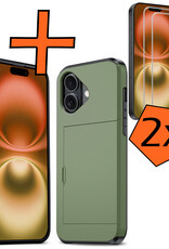 Nomfy Hoesje Geschikt voor iPhone 16 Hoesje Pasjeshouder Shockproof Hard Case Met 2x Screenprotector - Hoesje Geschikt voor iPhone 16 Hoes Met Kaarthouder - Donkergroen