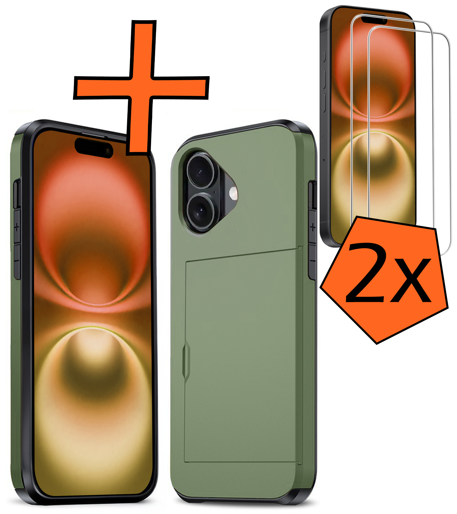 Nomfy Hoesje Geschikt voor iPhone 16 Hoesje Pasjeshouder Shockproof Hard Case Met 2x Screenprotector - Hoesje Geschikt voor iPhone 16 Hoes Met Kaarthouder - Donkergroen