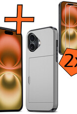 Nomfy Hoesje Geschikt voor iPhone 16 Hoesje Pasjeshouder Shockproof Hard Case Met 2x Screenprotector - Hoesje Geschikt voor iPhone 16 Hoes Met Kaarthouder - Grijs