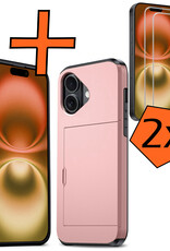 Nomfy Hoesje Geschikt voor iPhone 16 Hoesje Pasjeshouder Shockproof Hard Case Met 2x Screenprotector - Hoesje Geschikt voor iPhone 16 Hoes Met Kaarthouder - Rosé goud