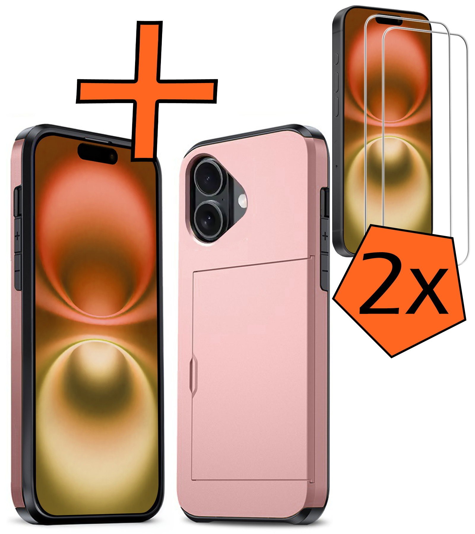 Nomfy Hoesje Geschikt voor iPhone 16 Hoesje Pasjeshouder Shockproof Hard Case Met 2x Screenprotector - Hoesje Geschikt voor iPhone 16 Hoes Met Kaarthouder - Rosé goud