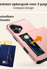 Nomfy Hoesje Geschikt voor iPhone 16 Hoesje Pasjeshouder Shockproof Hard Case Met 2x Screenprotector - Hoesje Geschikt voor iPhone 16 Hoes Met Kaarthouder - Rosé goud