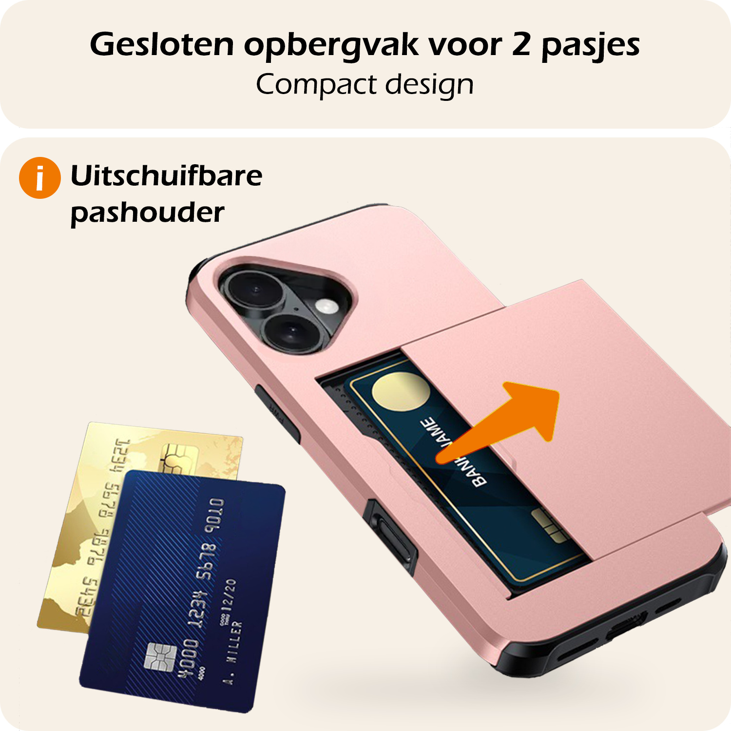 Nomfy Hoesje Geschikt voor iPhone 16 Hoesje Pasjeshouder Shockproof Hard Case Met 2x Screenprotector - Hoesje Geschikt voor iPhone 16 Hoes Met Kaarthouder - Rosé goud
