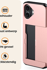 Nomfy Hoesje Geschikt voor iPhone 16 Hoesje Pasjeshouder Shockproof Hard Case Met 2x Screenprotector - Hoesje Geschikt voor iPhone 16 Hoes Met Kaarthouder - Rosé goud