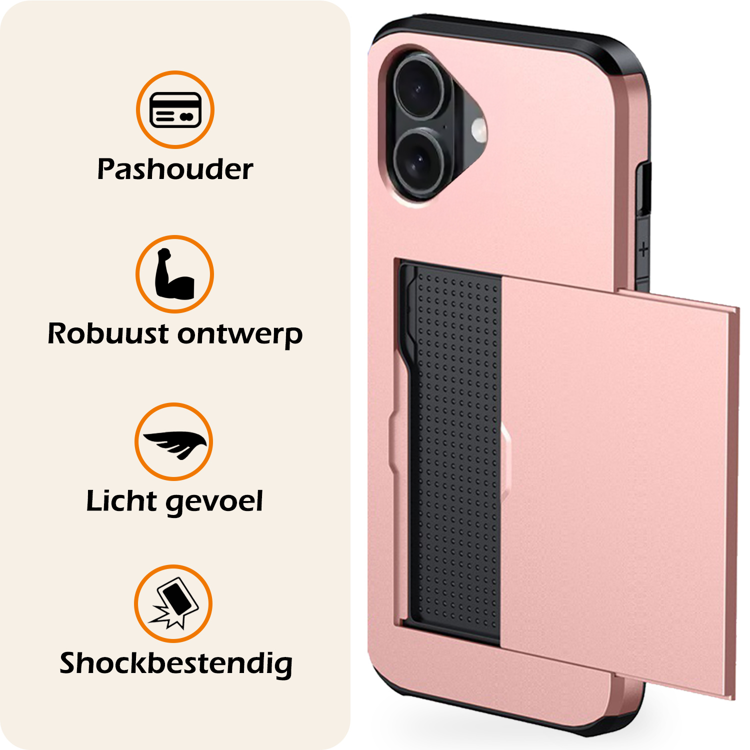 Nomfy Hoesje Geschikt voor iPhone 16 Hoesje Pasjeshouder Shockproof Hard Case Met 2x Screenprotector - Hoesje Geschikt voor iPhone 16 Hoes Met Kaarthouder - Rosé goud