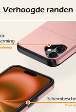 Nomfy Hoesje Geschikt voor iPhone 16 Hoesje Pasjeshouder Shockproof Hard Case Met 2x Screenprotector - Hoesje Geschikt voor iPhone 16 Hoes Met Kaarthouder - Rosé goud