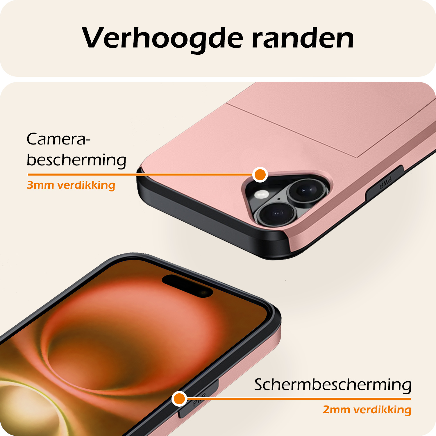 Nomfy Hoesje Geschikt voor iPhone 16 Hoesje Pasjeshouder Shockproof Hard Case Met 2x Screenprotector - Hoesje Geschikt voor iPhone 16 Hoes Met Kaarthouder - Rosé goud