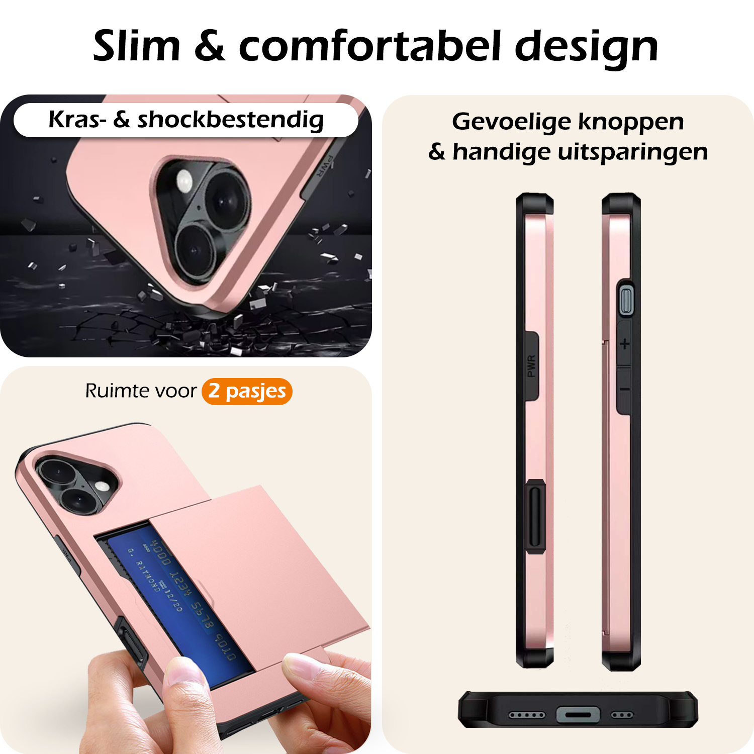 Nomfy Hoesje Geschikt voor iPhone 16 Hoesje Pasjeshouder Shockproof Hard Case Met 2x Screenprotector - Hoesje Geschikt voor iPhone 16 Hoes Met Kaarthouder - Rosé goud