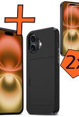 Nomfy Hoesje Geschikt voor iPhone 16 Hoesje Pasjeshouder Shockproof Hard Case Met 2x Screenprotector - Hoesje Geschikt voor iPhone 16 Hoes Met Kaarthouder - Zwart