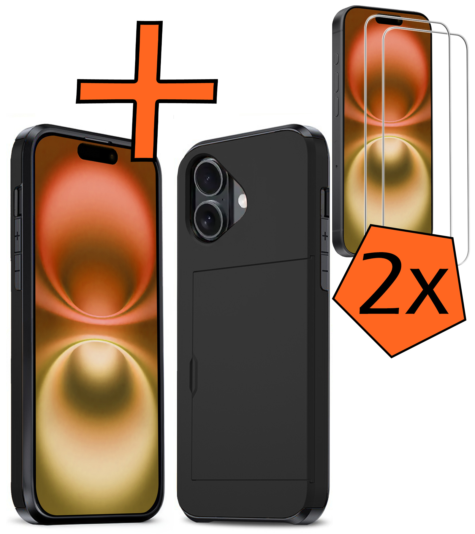 Nomfy Hoesje Geschikt voor iPhone 16 Hoesje Pasjeshouder Shockproof Hard Case Met 2x Screenprotector - Hoesje Geschikt voor iPhone 16 Hoes Met Kaarthouder - Zwart