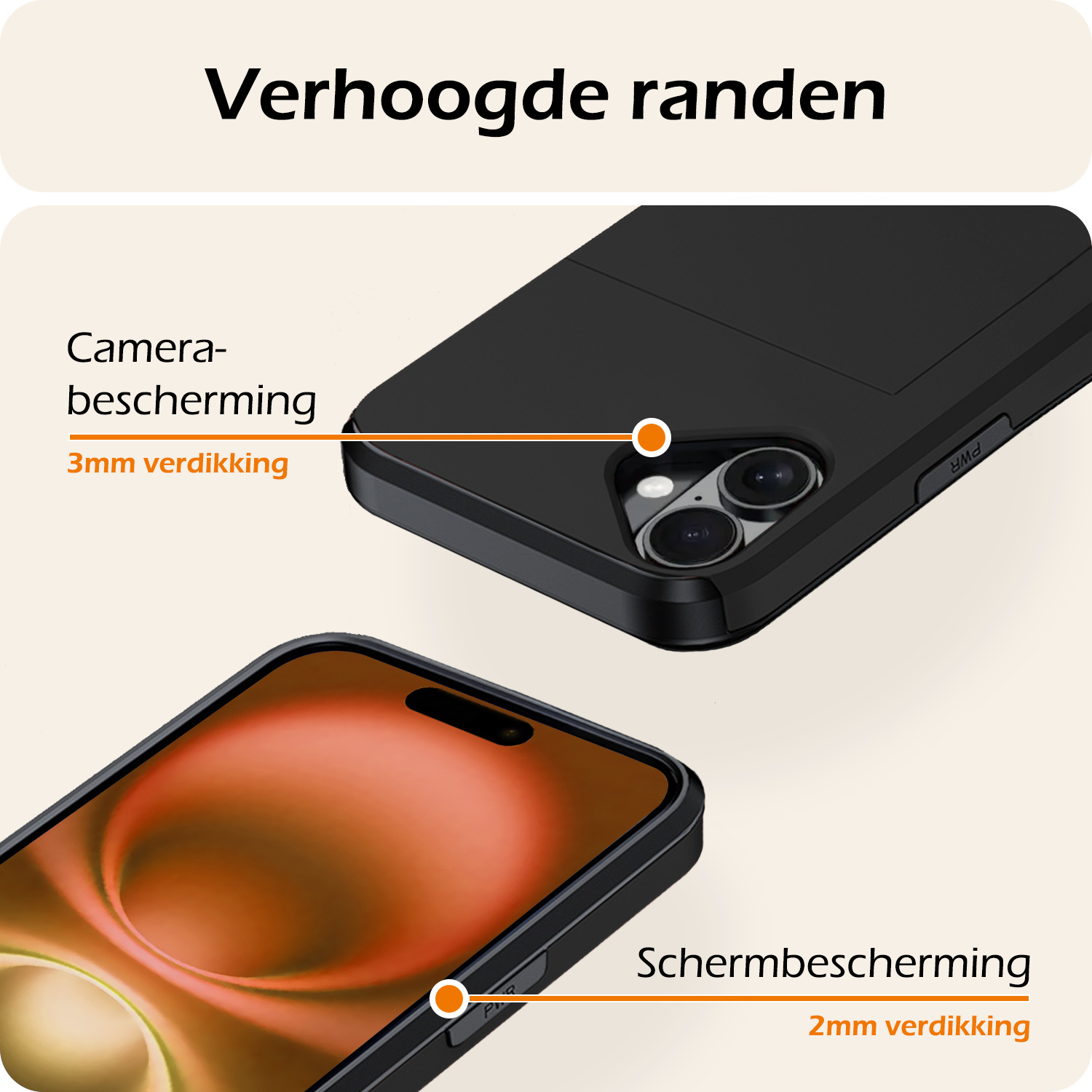 Nomfy Hoesje Geschikt voor iPhone 16 Hoesje Pasjeshouder Shockproof Hard Case Met 2x Screenprotector - Hoesje Geschikt voor iPhone 16 Hoes Met Kaarthouder - Zwart