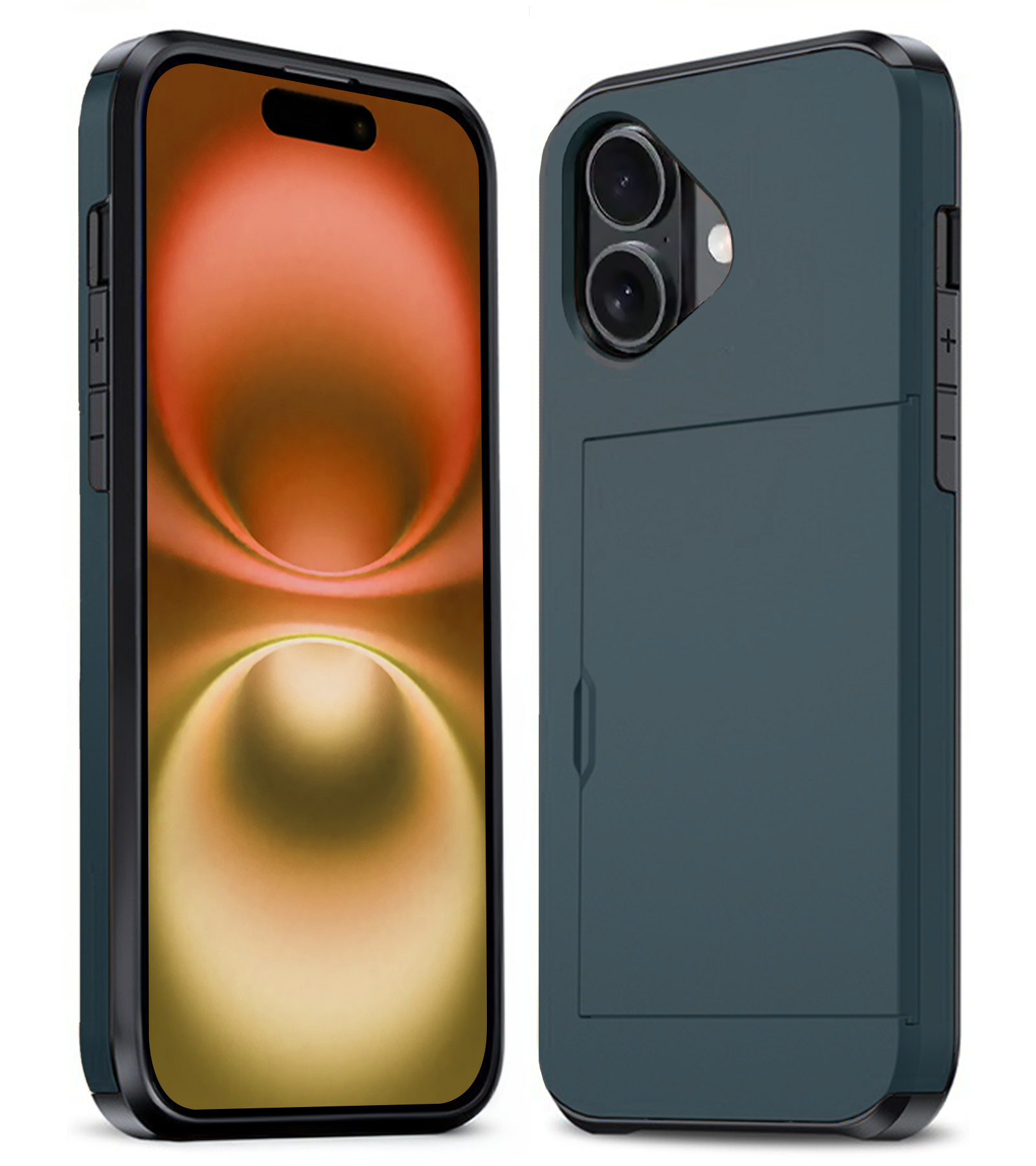 Nomfy Hoesje Geschikt voor iPhone 16 Plus Hoesje Pasjeshouder Shockproof Hard Case - Hoesje Geschikt voor iPhone 16 Plus Hoes Met Kaarthouder - Donkerblauw