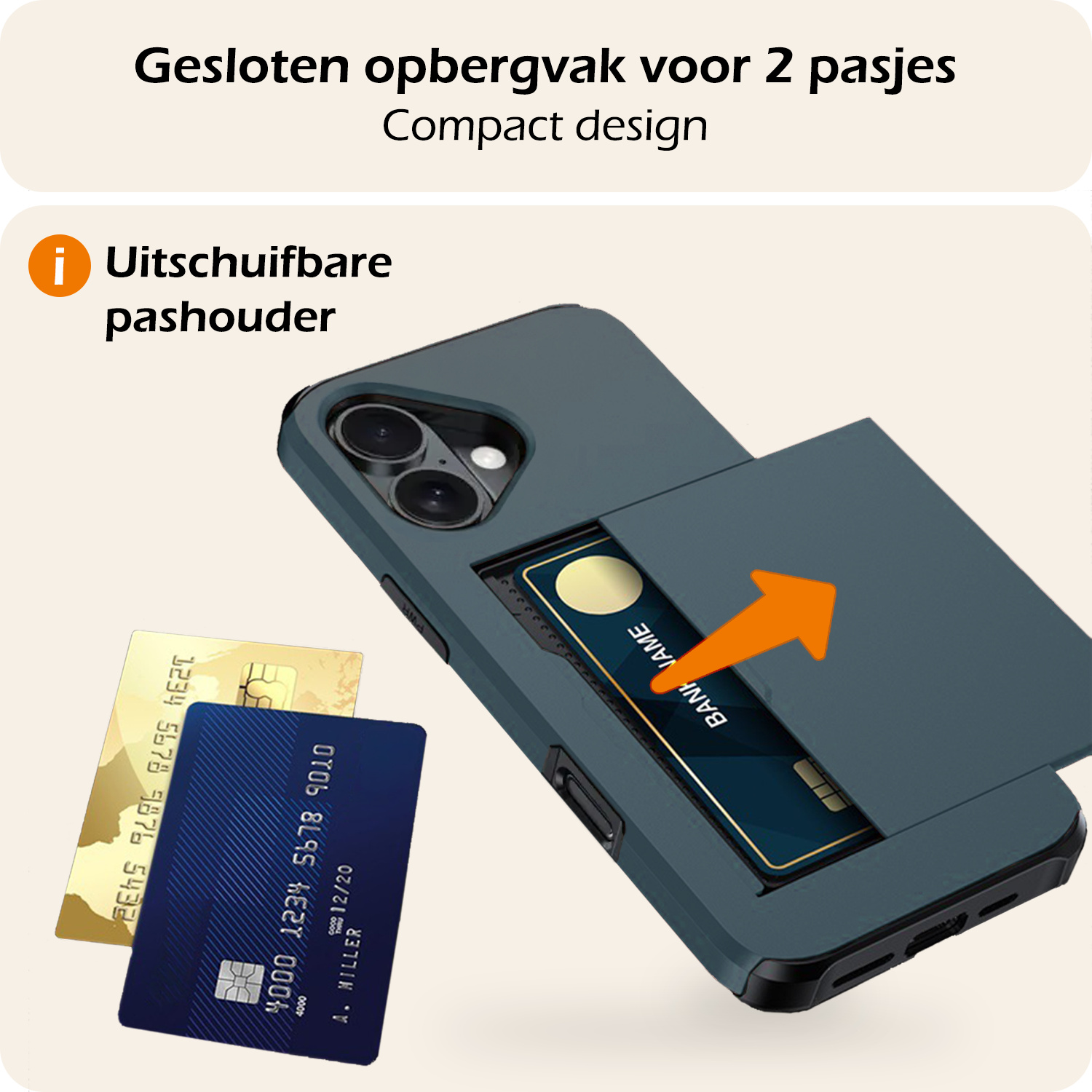 Nomfy Hoesje Geschikt voor iPhone 16 Plus Hoesje Pasjeshouder Shockproof Hard Case - Hoesje Geschikt voor iPhone 16 Plus Hoes Met Kaarthouder - Donkerblauw