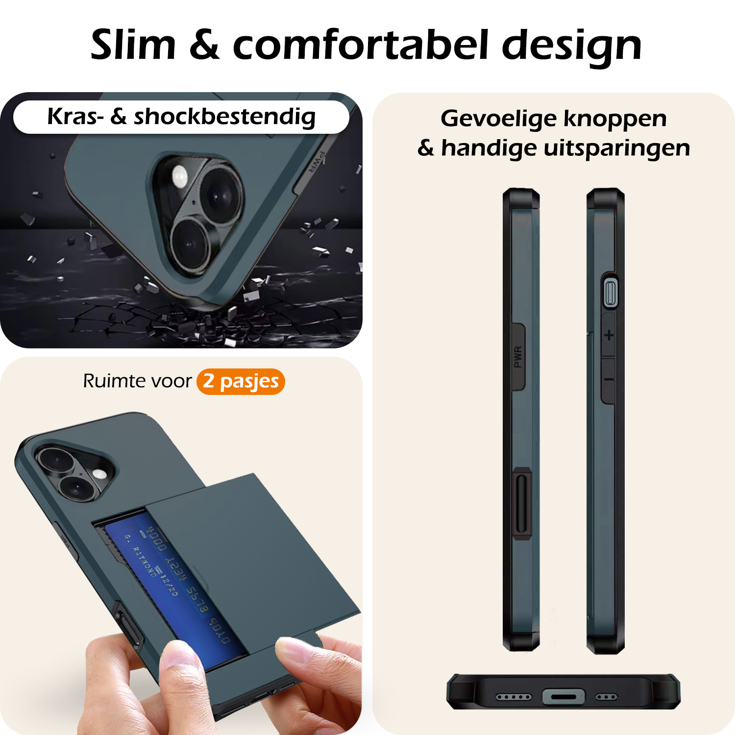 Nomfy Hoesje Geschikt voor iPhone 16 Plus Hoesje Pasjeshouder Shockproof Hard Case - Hoesje Geschikt voor iPhone 16 Plus Hoes Met Kaarthouder - Donkerblauw